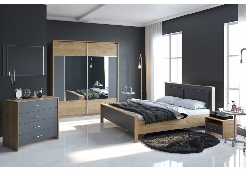 Двуспальная кровать Тхан 180х200 дуб крафт золотой / антрацит