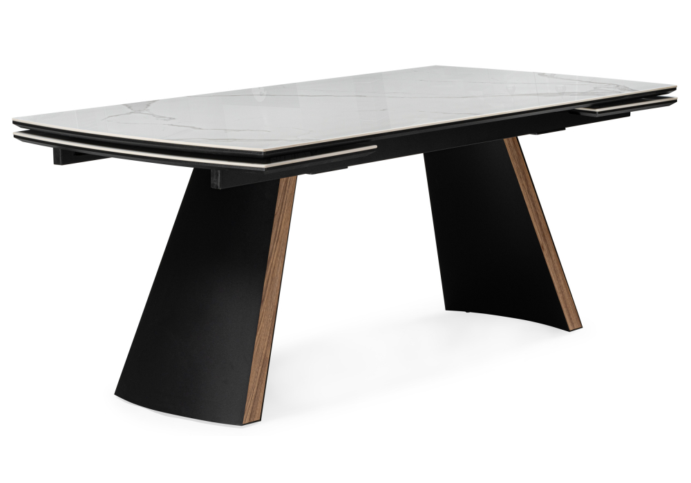 Керамический стол Симмонс 180(260)x90 statuario titan gloss / черный / орех дуб монтана