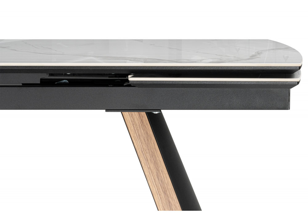 Керамический стол Симмонс 180(260)x90 statuario titan gloss / черный / орех дуб монтана