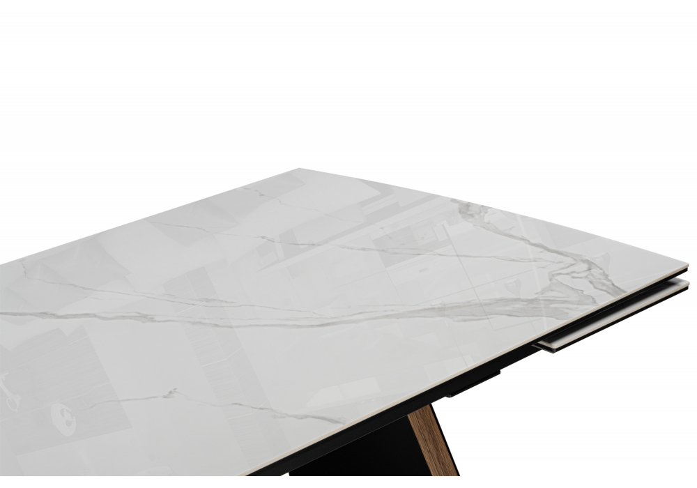 Керамический стол Симмонс 180(260)x90 statuario titan gloss / черный / орех дуб монтана