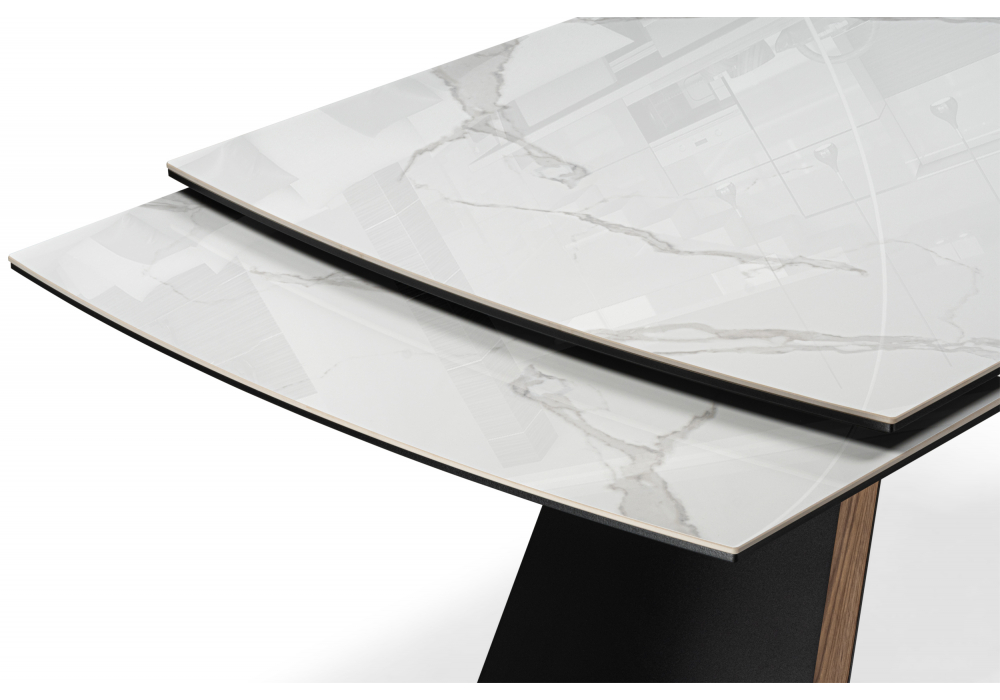 Керамический стол Симмонс 180(260)x90 statuario titan gloss / черный / орех дуб монтана