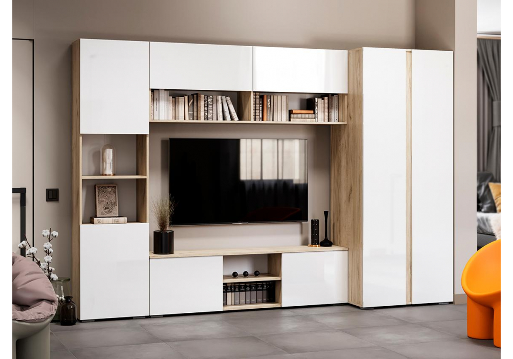 Модульная гостиная Алетра дуб крафт серый / глянец белый комплектация 1